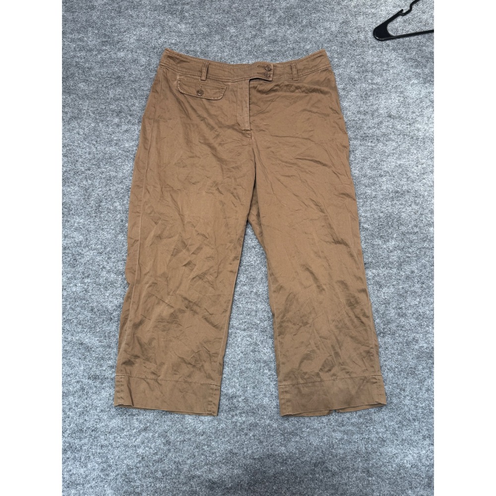 Coldwater Creek Women14 Brown Cropped Capri Pants Cotton Blend Button Hem Casual